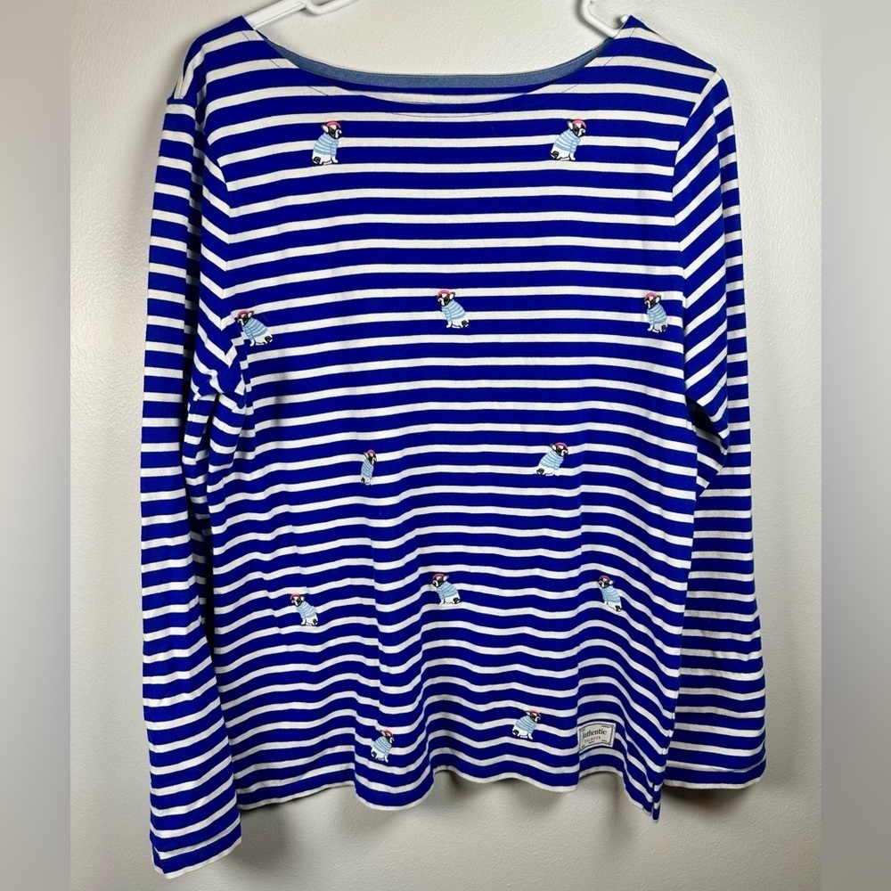 Talbots Embroidered Frenchie Dogs Royal Blue and White Striped Cotton Top sz  L